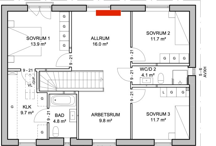 Planritning av en övervåning med markerade sovrum, allrum, arbetsrum, bad och WC, samt fläkt- och värmepumpspositioner.