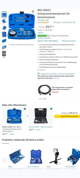 Kompressionstestarsats för bensinmotorer i blå väska med manometer och adaptrar.