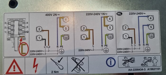 Elektrisk kopplingsschema för spis med tre konfigurationer för 400V och 220-240V anslutning samt varningssymboler.