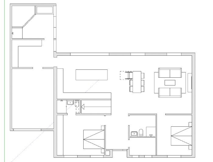 Arkitektonisk ritning av en våningsplanslayout med möblering, inklusive trappa, sittgrupper och kök.