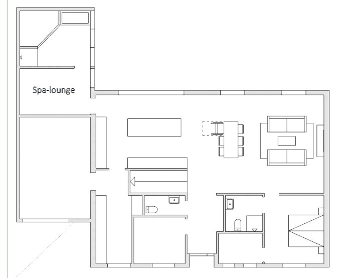 Ritning av en planlösning för ett hem med betecknad "Spa-lounge".