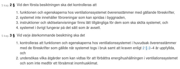 Text från Plan- och byggförordningen som beskriver kontrollpunkter för ventilationssystem i byggnader.