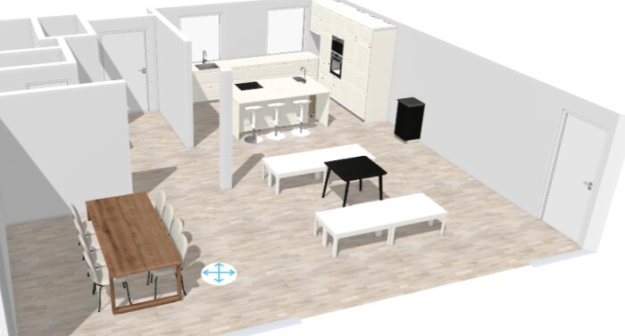 3D-ritning av en öppen planlösning med kök, matplats och vardagsrum, inklusive möblering och pelare.