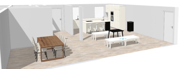 3D-ritning av en uppdaterad kökslayout inklusive möbler och belysningsplan.