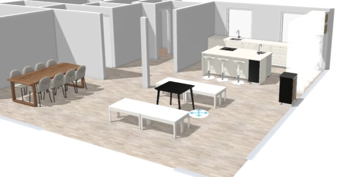 3D-ritning av en öppen planlösning med kök, matbord, soffor och inritade pelare samt tryckknappar.