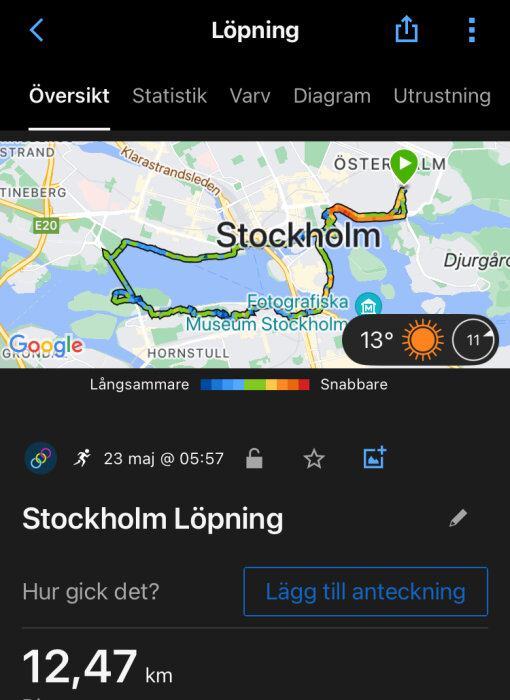 Skärmavbild av löpningsapp med karta över Stockholm som visar en färgkodad löprunda och distans 12,47 km.
