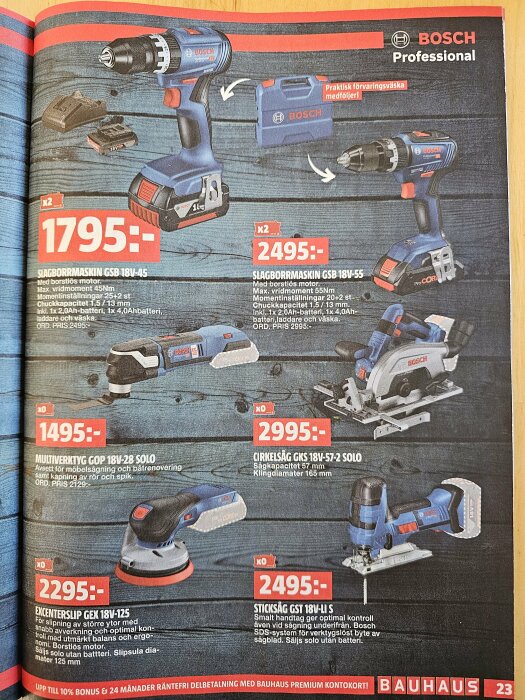 Annonsblad med kampanjpriser på Bosch verktyg, inklusive borrmaskiner, multiverktyg, cirkelsåg och sticksåg.