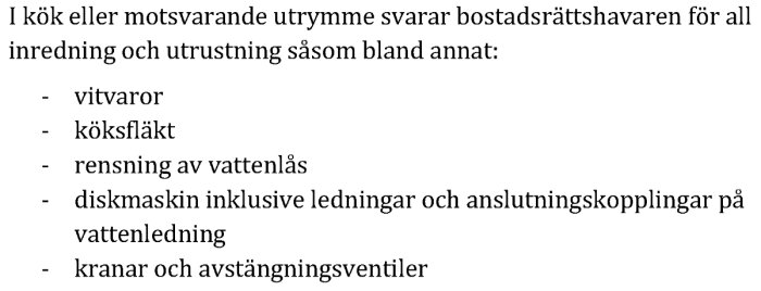 Textutdrag som listar ansvar för inredning och utrustning i kök, inklusive vitvaror och köksfläkt.