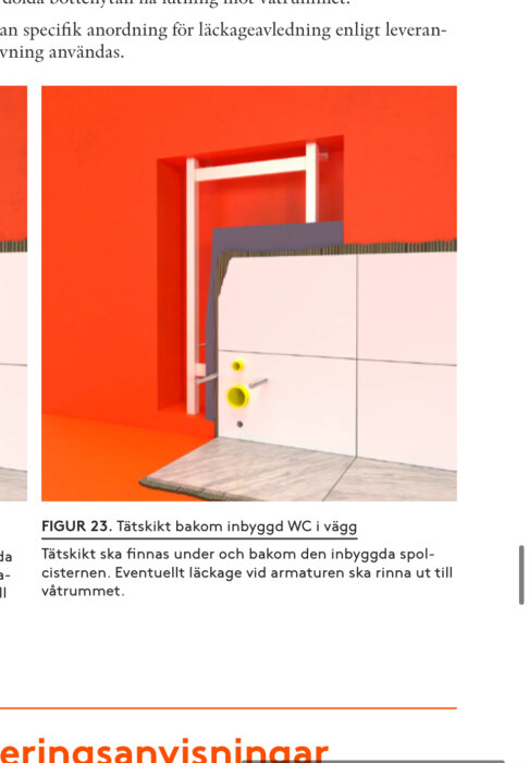 Tätskikt bakom inbyggd WC i vägg med synlig rörgenomföring och golvavlopp.