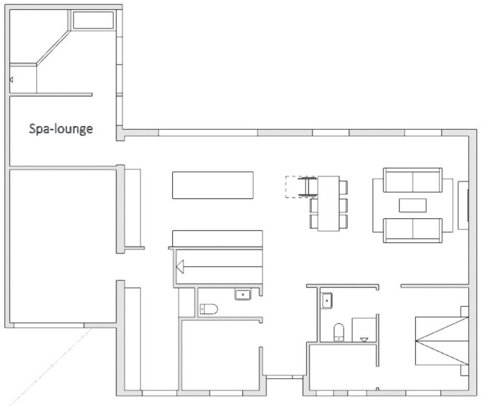 Ritad planlösning för en övervåning med spa-lounge, möblerade rum och en trappa placerad centralt.