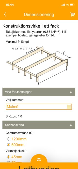 Skärmdump från Lathunden-appen som visar maximal fribärande längd för takbjälkar med yttertak belastning.