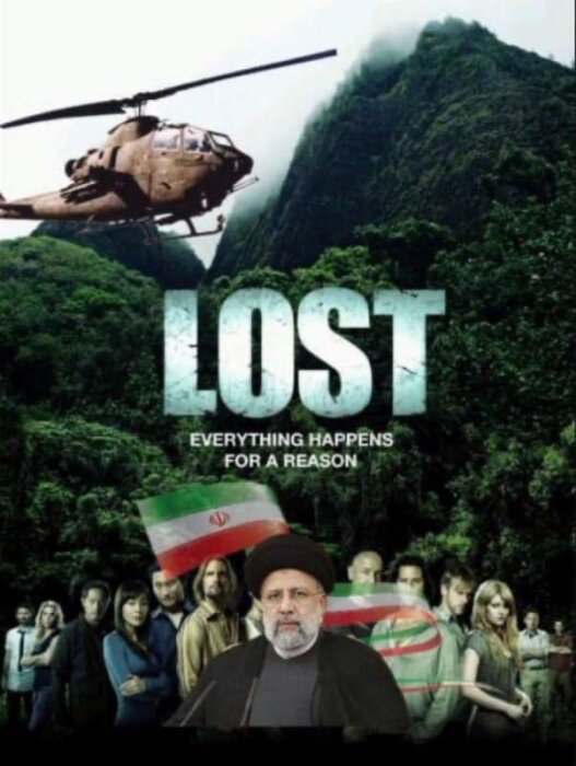 Bild av en photoshoppad 'Lost' seriens affisch med en grupp personer, en iransk flagga och en man framför texten "LOST". Helikopter och berg i bakgrunden.