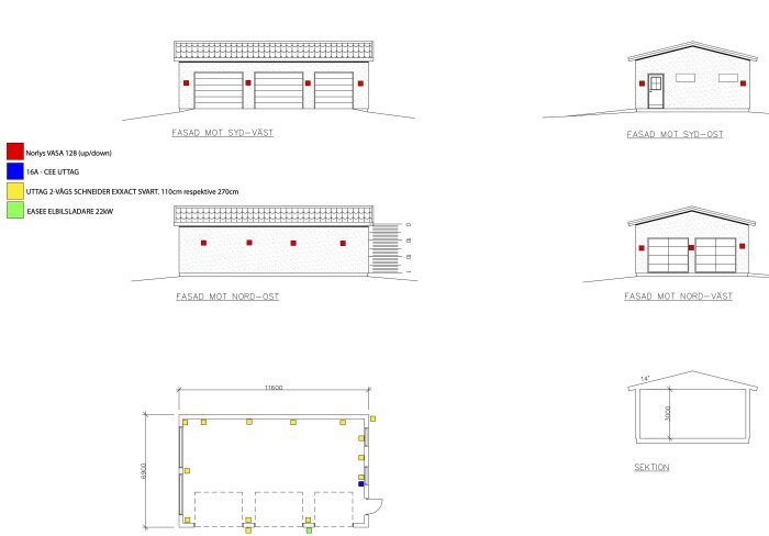 Schematiska ritningar av husets fasader och elektrisk plan med markeringar för utrustning och belysning.