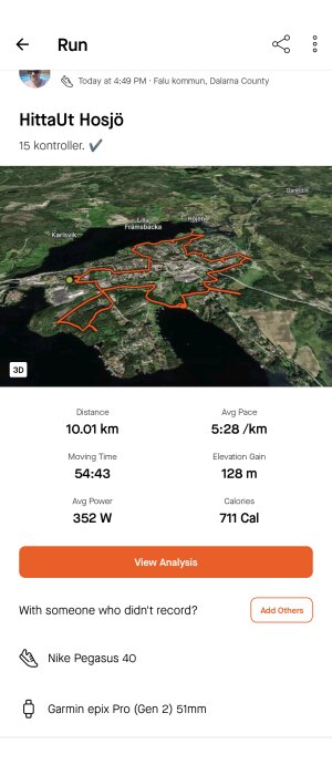 Kartvy av löprunda med distansen 10,01 km markerad i orange genom Falu kommun, Sverige.