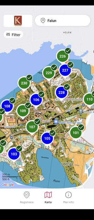 Interaktiv karta över Falun med markerade numrerade platser och ikoner för godkännande.