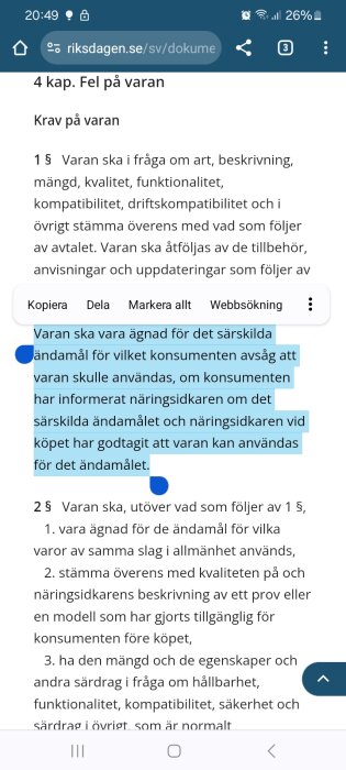 Skärmavbildning av en rättslig text om konsumentköplagen på en mobiltelefon.