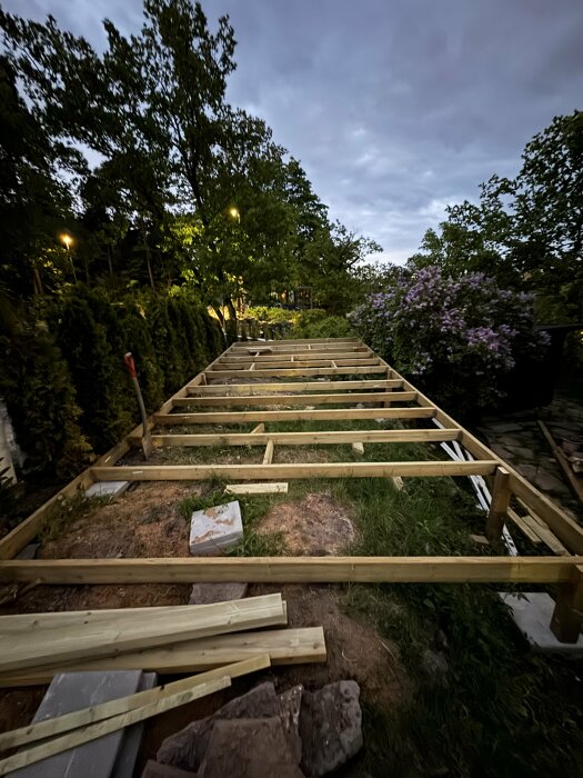 Påbörjat bygge av träaltan med stomme och olagda plank omgivet av blommande buskar och träd i skymning.