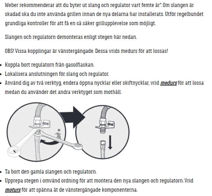 Illustration av hur man byter ut slang och regulator på en gasolflaska, inklusive verktyg och riktningsanvisningar.