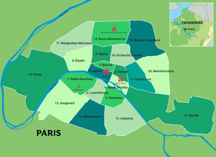 Förenklad karta över Paris distrikt med ikoner för Eiffeltornet och andra landmärken.