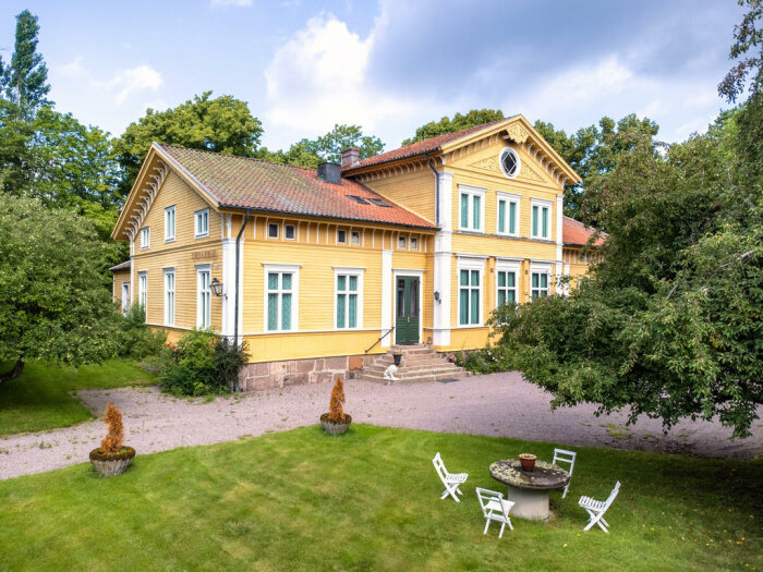 Traditionellt gult svenskt hus med vitfönstrade snickarglädje och omgivande grönskande trädgård.