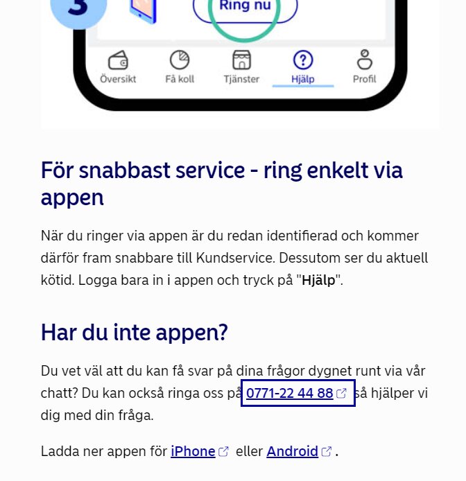 Skärmdump av en mobilapp med knappen "Ring nu" och information om kundservice via app.