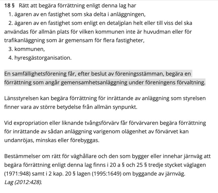 Skärmdump av lagtext med information om rättigheter enligt anläggningslagen 18 § och förfaringssätt för samfällighetsföreningar.