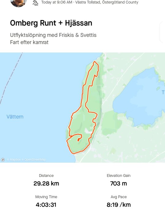 Kartskärmdump av löparrunda runt Omberg och Hjässan med distans, höjdstigning och tid.