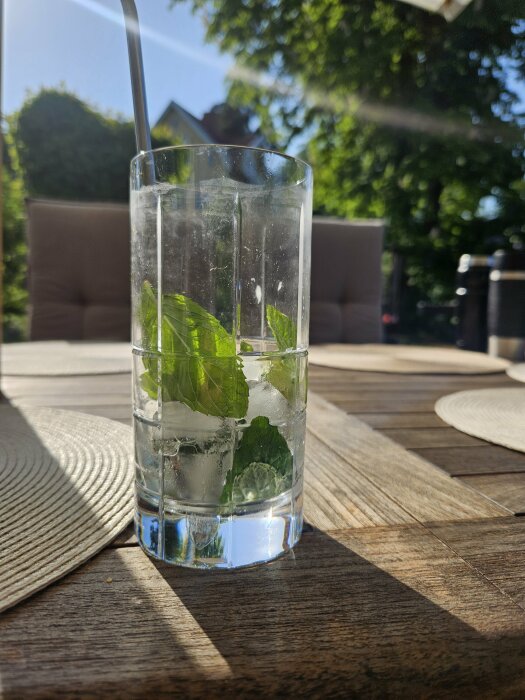 Ett glas med vatten och myntablad på ett solbelyst träbord utomhus.