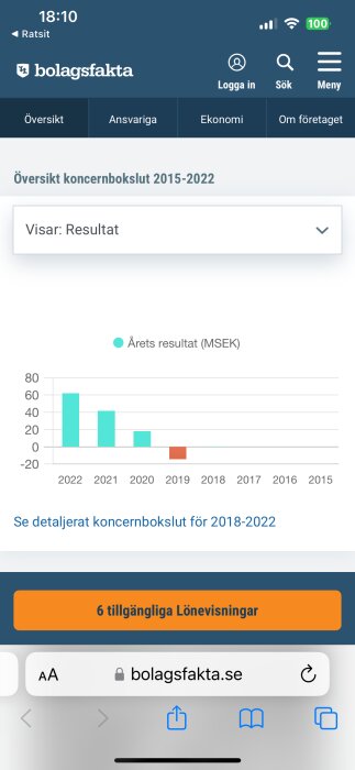 Stålbalksdiagram visar företagets årliga resultat 2015-2022, med förlust markerad i rött för 2022.