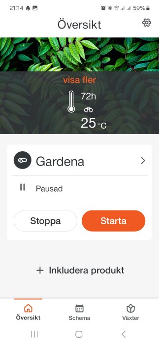 Skärmdump av gräsklipparapp med status 100% laddat, temperaturmätare och startknapp.