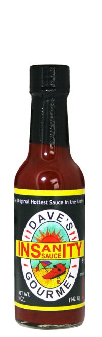 Flaska med Daves Insanity Sauce, en stark chilisås.