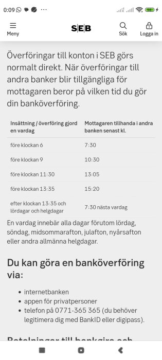 Skärmbild som visar SEB:s information om när överföringar till andra banker blir tillgängliga.
