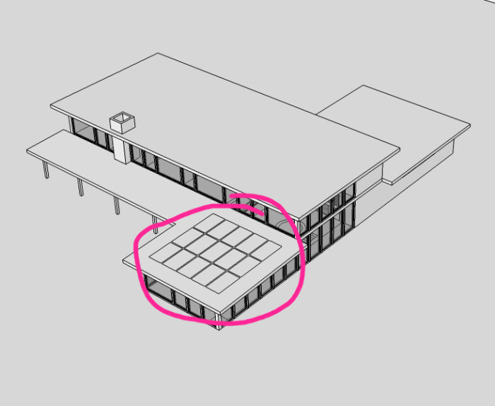 Svartvit ritning av ett hus med markerade vanliga takfönster som potentiellt ska ersättas med rullbara takfönster.