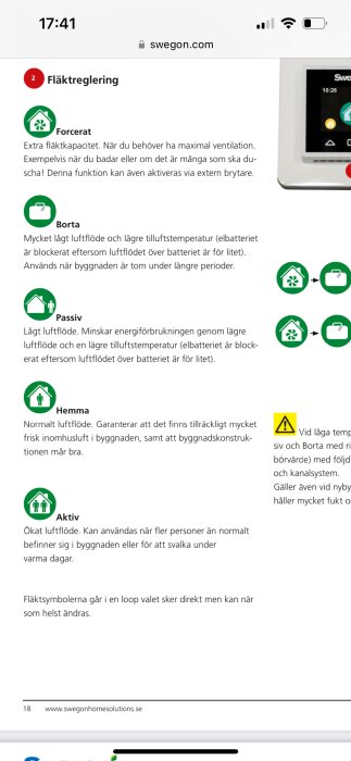 Skärmavbild från en hemsida som visar olika fläktregleringslägen: Forcerat, Borta, Passiv, Hemma och Aktiv.