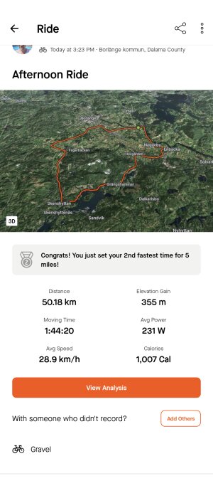 Skärmdump av en cykeltur med karta, distans 50.18 km, tid 1:44:20, hastighet, höjdvinst och kalorier.