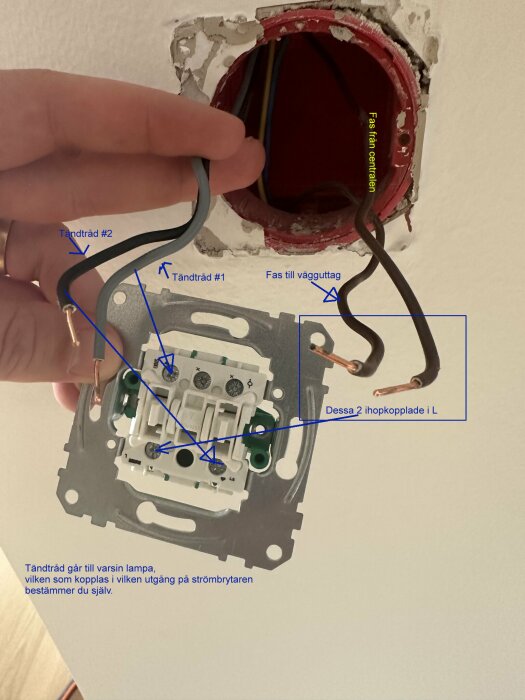 Elinstallation med öppen väggdosa och en hand som håller en strömbrytare, märkt kablage synligt.