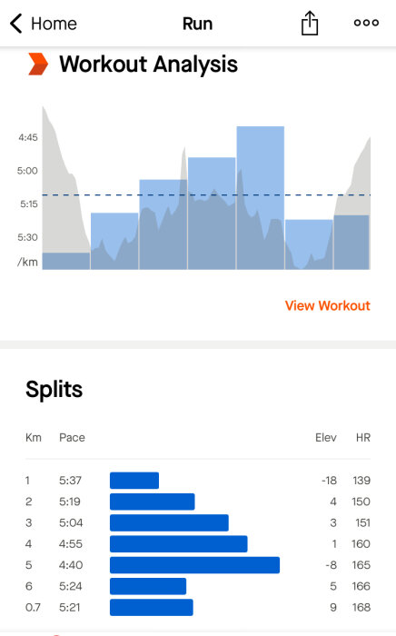 Skärmavbild av löp analys med tempo graf och split tider på varje kilometer.