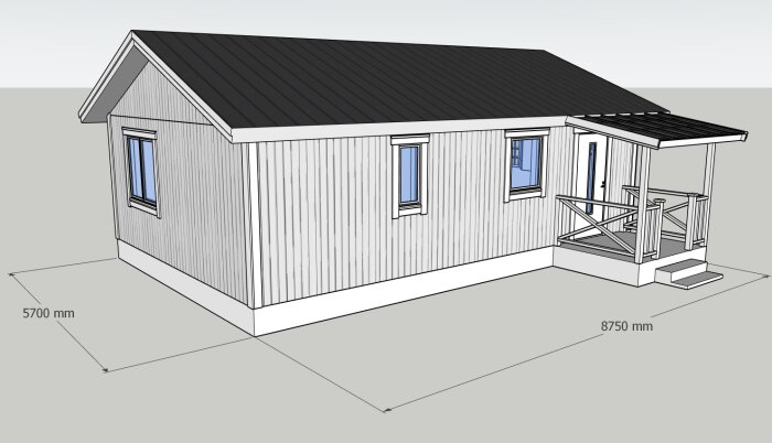 3D-ritning av en enfamiljshusfasad med måttangivelser, inkluderar veranda och fönster.