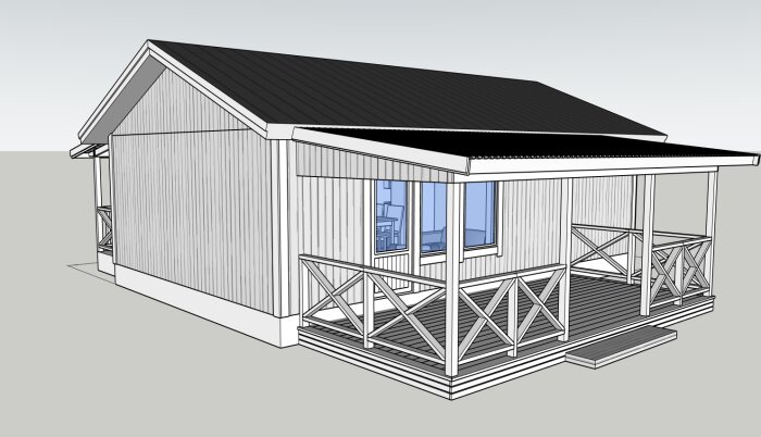 3D-rendering av en modern stuga med veranda och sadeltak.