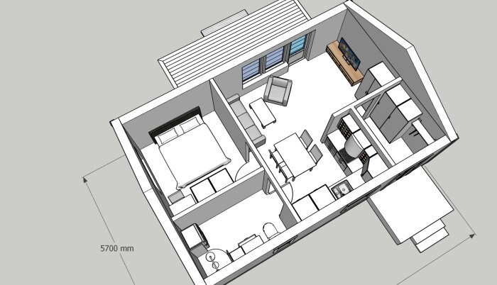 3D-skiss av ett öppet plan hem med möbler och dimensioner.