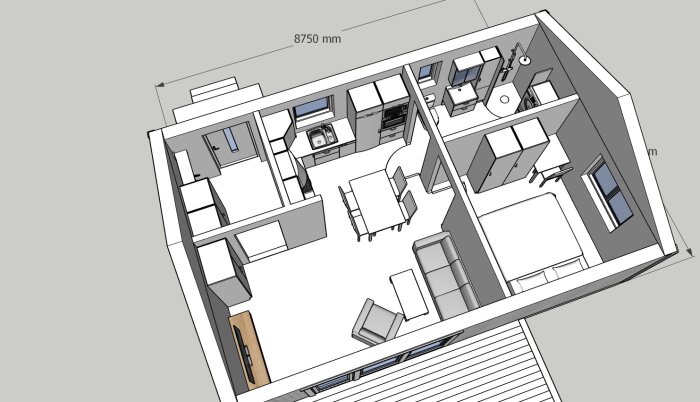 3D-skiss av ett modernt kök och vardagsrum i en öppen planlösning.