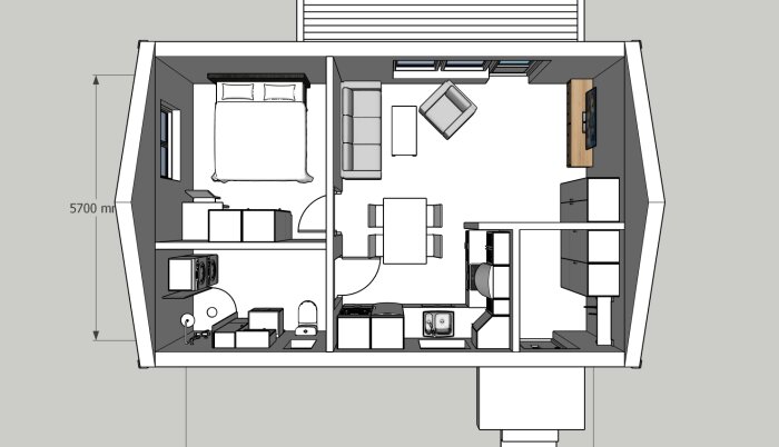 Svartvit skiss av en lägenhetsplan med möblering och måttangivelser.