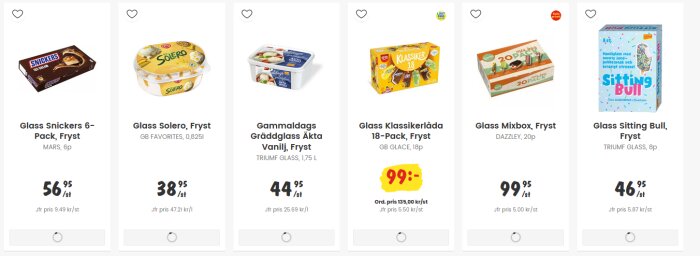 Sex förpackningar glass med varierande märken och priser, inklusive rabatter, presenterade på en vit bakgrund.