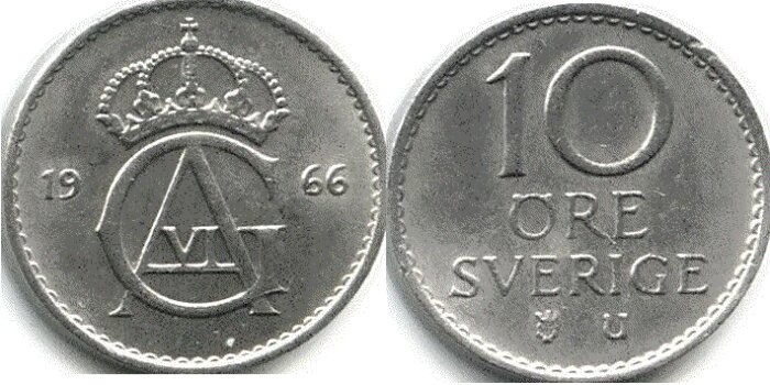 Svensk 10 öre-mynt från 1966 med krona och Vasaättens emblem på ena sidan och valören på den andra.