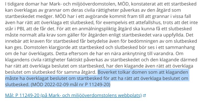 Skärmdump av text från Boverket om att överklaga start- och slutbesked inom byggprojekt.