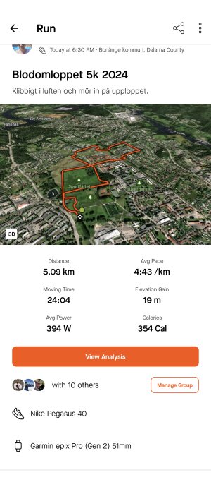 Skärmdump av en löparapp där en 5 km löprunda "Blodomloppet" visas på en karta över Borlänge med statistik.