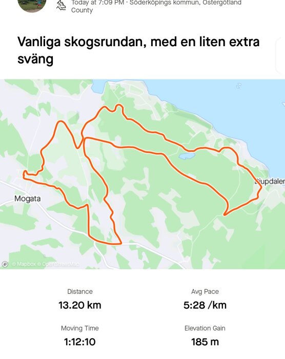 Kartskärmdump som visar en löprunda på 13,20 km med tiden 1:12:10 och höjdvinst på 185 m i Söderköpings kommun.