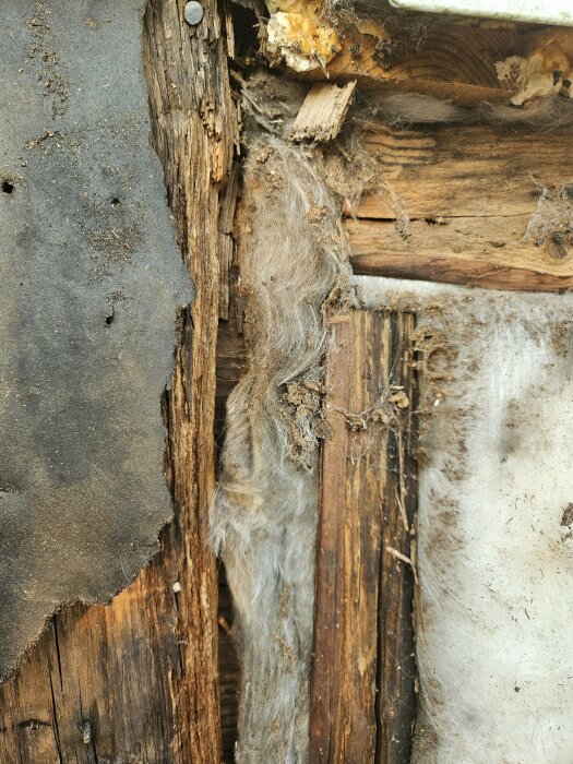 Skadad fasad med gammal isolering och brist på luftspalt på en äldre byggnad.