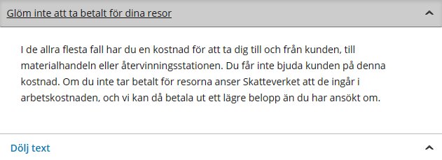 Skärmdump från Skatteverkets webbsida om att inkludera resekostnader i arbetskostnaden.