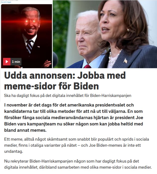 Splittdiagram som visar Joe Biden och Kamala Harris och en uppspelningsknapp för video, relaterat till reklam för memes.